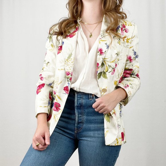 Vintage Jackets & Blazers - Vintage Oversized Linen Flax Blazer Floral Long Jacket Suit Coat Coastal Grandma
